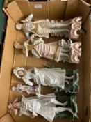 Two Pairs of Bisque Porcelain figure along with one similar figure. 14cm height of tallest (1 Tray)