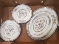 Wedgwood Kutani Crane pattern dinnerware, oval platter, open vegetable dish, 8 salad plates. (1