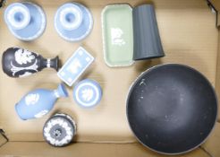 A collection of Multi Coloured Wedgwood Jasperware to include 23cm Black Basalt fruit bowl, lidded