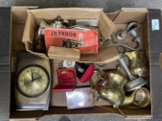 Mixed Collection of items to include brass 3-piece tea service, mid-century metamec mantleclock,