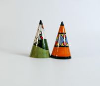 Two Lorna Bailey sugar sifters, one Bridge and Stream pattern together with Fiesta pattern,