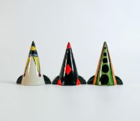 Three Lorna Bailey sugar sifters, one in The Circus pattern together with two Aztec pattern