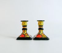 Lorna Bailey Sunburst pattern candlesticks, Old Ellgreave backstamp, height 11.5cm (2)
