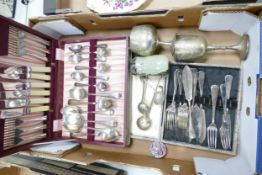 A collection of cased cutlery, two silver plates goblets & Wedgwood type glass paperweight