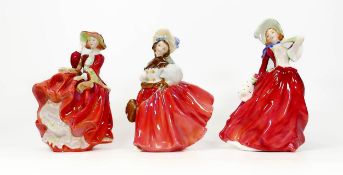 Royal Doulton lady figures Autumn Breezes Hn1939, The Skater Hn2117 & Blown Top O the Hill Hn1834(3)