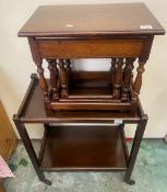 Dark Oak 1940s tea trolley on metal castors together with Nest of 3 Oak tables