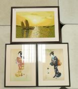 Three East Asian artworks to include two paintings on silk depicting geisha together with one