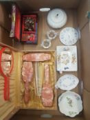 A mixed collection of items to include mid century ladies vanity set, laquered jewellery box with