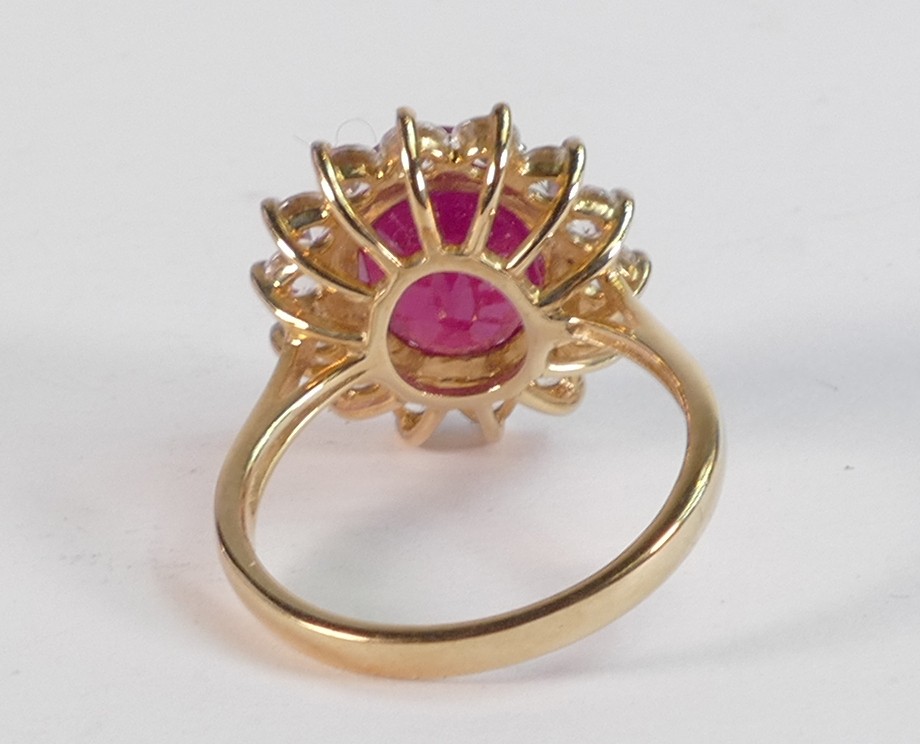 9ct ct gold hallmarked African Ruby (10mm x 12mm) & natural white zircon cluster ring, size R, gross - Image 2 of 3