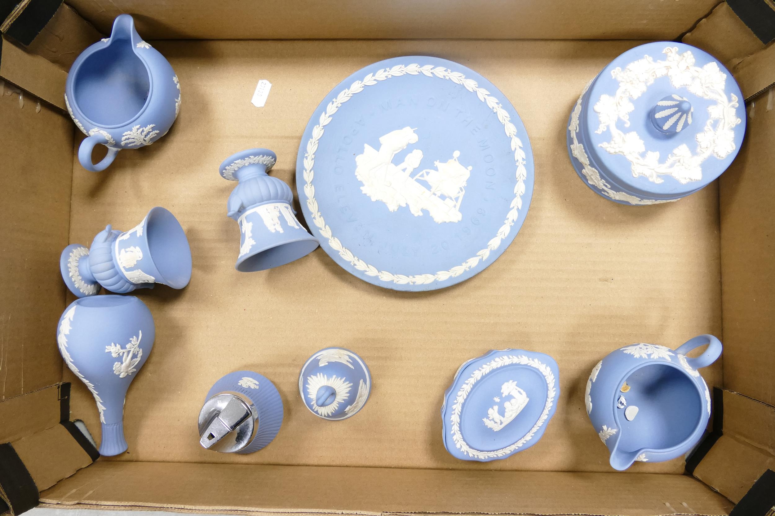 Wedgwood Blue Jasperware vase, lidded boxes bell, jug etc