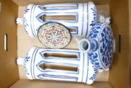 A mixed collection of items to include Mid Century Terracotta wall fittings & modern oriental moon