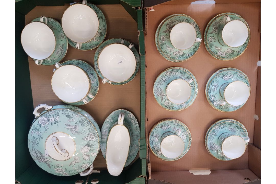 Royal Worcester Tea and dinner ware items in a pale green floral avian pattern to include 6 trios,