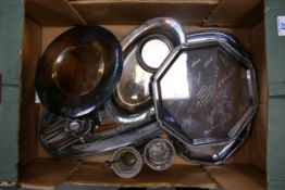 A collection of silver plated & stainless steel items including presentation plaque, serving dishes,