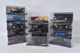 TWELVE EAGLEMOSS DC VEHICLES IN ACRYLIC CASES, to include a Dark Knight Rises the Bat, various other