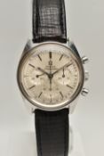 AN OMEGA SEAMASTER CHRONOGRAPH WRISTWATCH, the silver colour dial, with black enamel silver colour