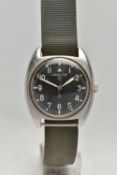 A VINTAGE HAMILTON BRITISH MILITARY ISSUE WRISTWATCH WITH BROAD ARROW SYMBOL, matt black dial with