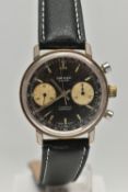 A CHROME PLATED HAND WOUND ORIOSA TWIN DIAL CHRONOGRAPH WRISTWATCH, black dial with discoloured