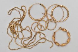 BROKEN/ODD JEWELLERY, to include a 9ct gold broken box link chain with spring clasp, hallmarked