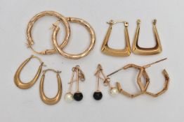FIVE PAIRS OF YELLOW METAL EARRINGS, to include a pair of textured hoops with lever fittings,