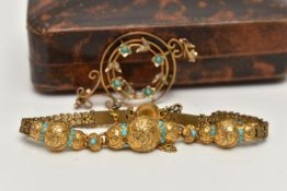 A YELLOW METAL LAVALIER PENDANT AND A GOLD PLATED BRACELET, circular open work pendant with