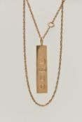 A 9CT GOLD INGOT PENDANT AND CHAIN, rectangular ingot hallmarked 9ct London 1977, fitted with a jump