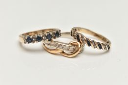THREE GEM SET RINGS, the first a bi-colour ring of crossover design with a channel set line of