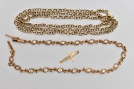 A YELLOW METAL BELCHER CHAIN, BRACELET AND PENDANT, fine belcher chain fitted with a spring clasp