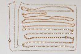 TWO 9CT GOLD CHAIN NECKLACES AND TWO YELLOW METAL CHAIN NECKLACES, a yellow gold curb link chain,