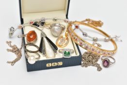A BAG OF JEWELLERY, to include a boxed white metal, mother of pearl, onyx and marcasite pendant