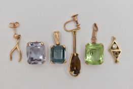 THREE GEM SET PENDANTS, TWO EARRINGS AND A LINK, to include a rectangular topaz pendant, four claw
