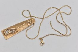 A 9CT GOLD PENDANT NECKLACE, tapered, textured open work pendant, hallmarked 9ct London, length