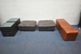 A PAIR OF BROWN LEATHER POUFFES, width 88cm x depth 68cm x height 35cm, a set of three tanned