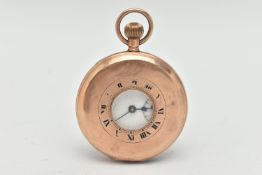 A 9CT GOLD HALF HUNTER POCKET WATCH, the white face with black Roman numerals and subsidiary seconds