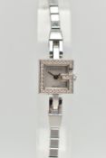 A GUCCI DIAMOND SET WRISTWATCH, the mother of pearl square dial, signed 'Gucci Swiss Made', square