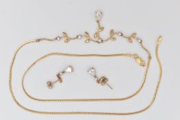 A 9CT GOLD NECKLACE AND DROP EARRINGS, the necklace designed as a V-shape foliate line set with