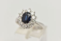 AN 18CT WHITE GOLD SAPPHIRE AND DIAMOND CLUSTER RING, the oval sapphire within a ten claw setting