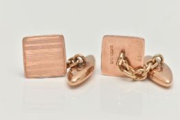 A PAIR OF 9CT GOLD CUFFLINKS, each designed as a square panel with banded decoration, to the chain