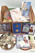 A CARDBOARD BOX OF COINS AND COMMEMORATIVES, to include 3x Silver Proofs 1994 of Seychelles and