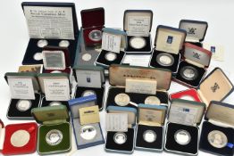 A CARDBOARD CONTAINER OF BOXED MAINLY SILVER PROOF COINS, to include 15 Silver Proofs, 1992-93