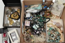 A BOX OF ASSORTED SEMI PRECIOUS JEWELLERY AND WATCHES, to include shell necklaces, mother of pearl