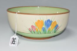 A CLARICE CLIFF FOR ROYAL STAFFORDSHIRE POTTERY CROCUS DESIGN FRUIT BOWL, green and cream Honey