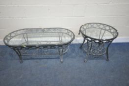 AN OVAL METAL FRAMED GLASS TOP TABLE, length 125cm x depth 64cm x height 42cm, along with a matching