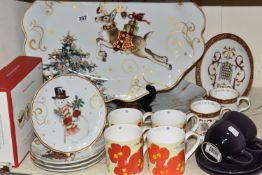 A GROUP OF CERAMICS, comprising two purple Le Creuset teacups and saucers, four Radley 'Spring-
