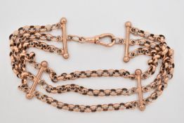 A YELLOW METAL BRACELET, designed as a three row belcher link bracelet with plain polished bar