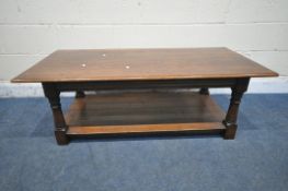 A TITCHMARSH AND GOODWIN OAK RECTANGULAR COFFEE TABLE, on turned legs, block feet, united by an