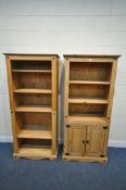 TWO CORONA PINE OPEN BOOKCASES, one with four adjustable shelves, the other with two shelves and two