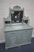 A TEAL PAINTED 19TH CENTURY MIRROR BACK SIDEBOARD, the top fitted with an arrangement of finials,