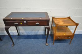A 20TH CENTURY MAHOGANY SIDE TABLE, with two frieze drawers, on cabriole legs, length 95cm x depth