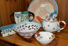 A GROUP OF STUDIO CERAMICS, comprising a quirky teapot signed 'Lalla?' to base, a bowl by Vivienne