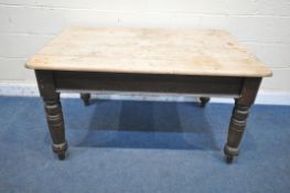 A 19TH CENTURY PINE FARMHOUSE TABLE, with a single drawer to one end, on later 20th century turned